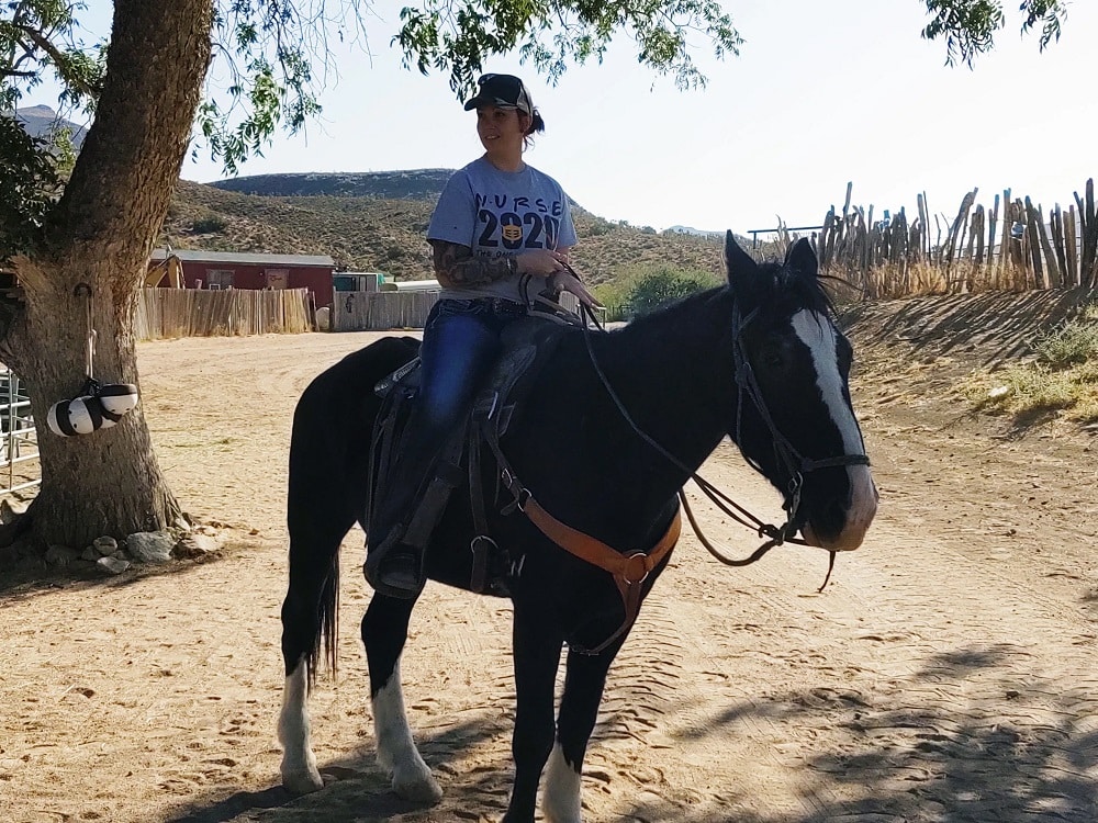 Riders on horseback among ancient Joshua trees